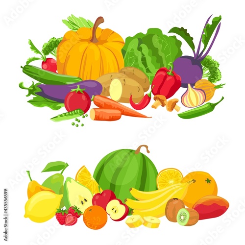 Vegetables and fruits groups. Organic fresh food. Natural farm green products. Cartoon tropical fruit for juice. Healthy diet vector concept