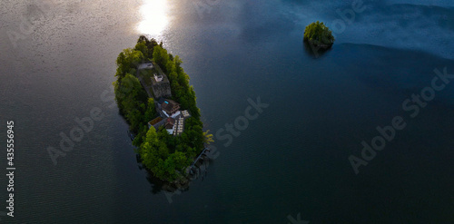 Island on Lauerzersee in Switzerland. Lake in the Swiss Alps.