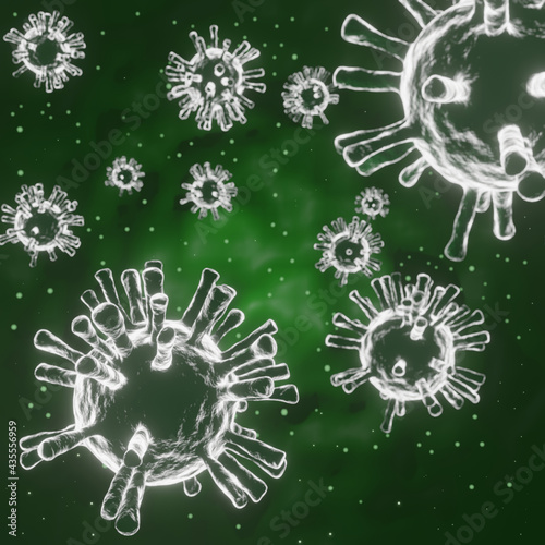 Abstract Corona Virus 19 Microscopic Particles Spreading research ideas for the coronavirus 2019 that is spreading heavily all over the world 3d rendering.