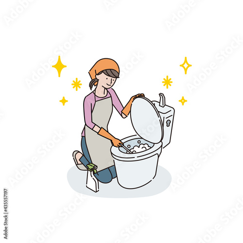トイレ掃除をする若い女性B（トイレブラシで掃除）