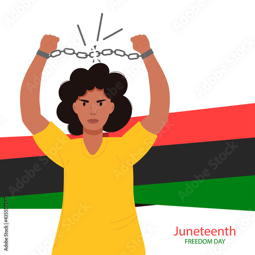 Juneteenth Freedom Day. African American women breaks chains. Day of liberation from slavery. June 19. Independence Day. African-American Independence Day,