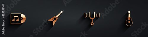 Set Vinyl disk, Electric bass guitar, Musical tuning fork and Guitar icon with long shadow. Vector