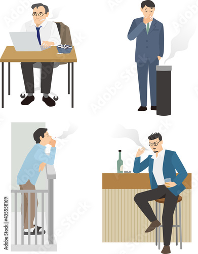 Vector illustration set of men smoking cigarettes