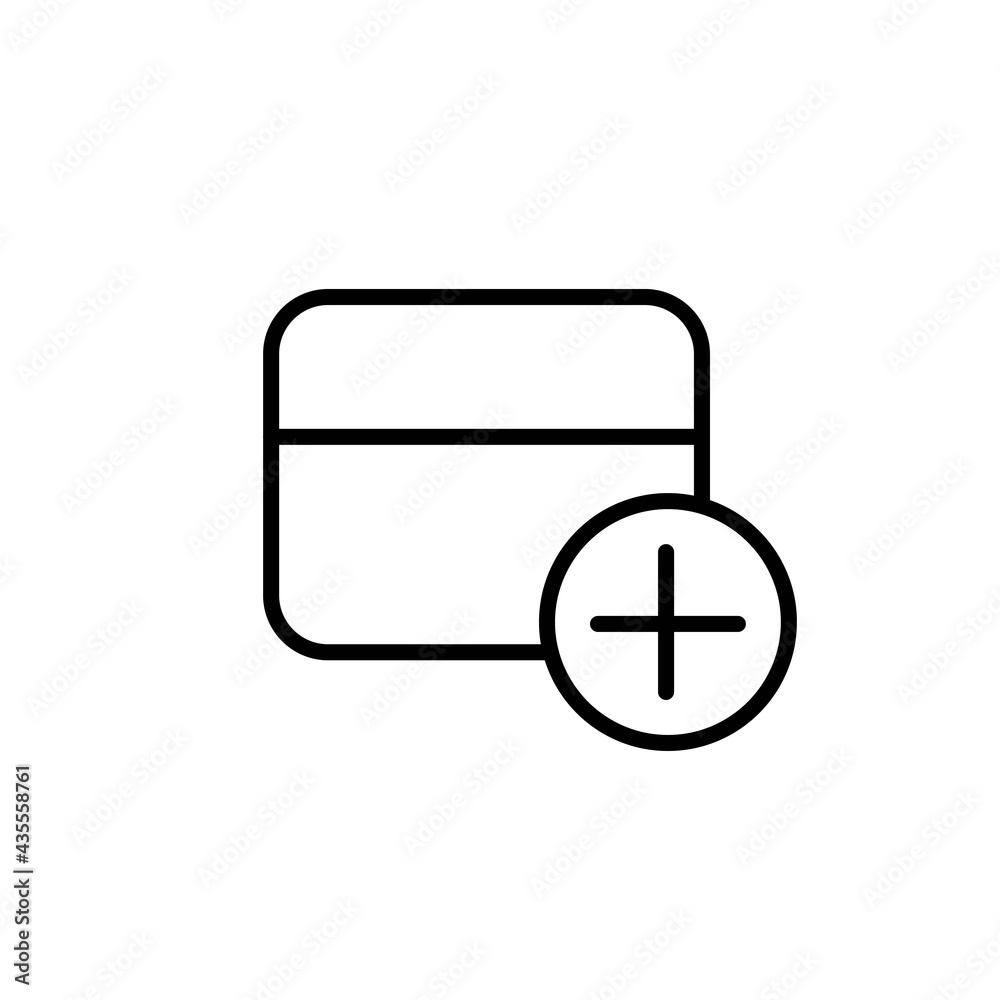 Add new credit bank card black line icon. On white background. Trendy flat isolated symbol, sign for: illustration, outline, logo, mobile, app, emblem, design, web, dev, site, ui, ux. Vector EPS 10