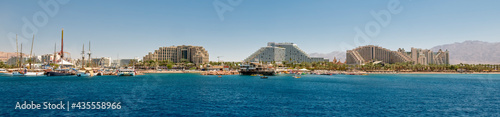 Panoramic view on central beach of the Red Sea in Eilat - famous tourist resort in Israel, Middle East