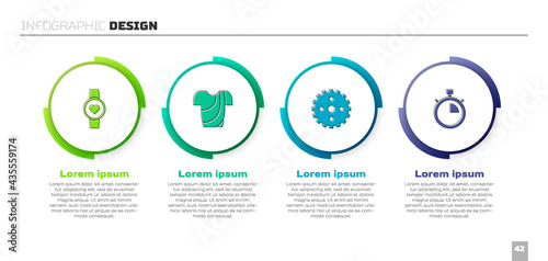 Set Smart watch, Cycling t-shirt, Bicycle sprocket crank and Stopwatch. Business infographic template. Vector