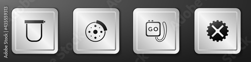 Set Bicycle lock, brake disc, Stopwatch and sprocket crank icon. Silver square button. Vector