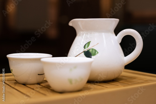 Chinese teapots and cups on the dining table