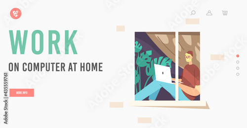 Remote Freelance Work Landing Page Template. Man Freelancer Wearing Hipster Clothes Sitting at Windowsill at Home