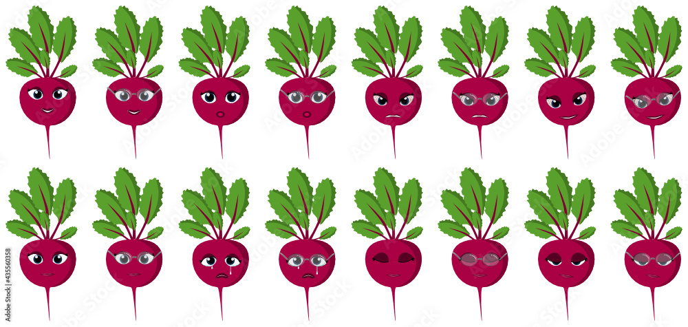 Colorful cute vector vegetable emoji set of beetroot with presenting ...