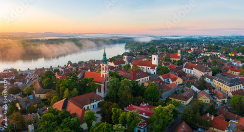 Cuadro en lienzo Amazing aerial cityscape about downtown of Szentendre, Hungary.