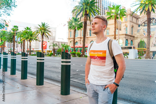 A young man walks the streets of Las Vegas. Las Vegas, USA - 18 Apr 2021