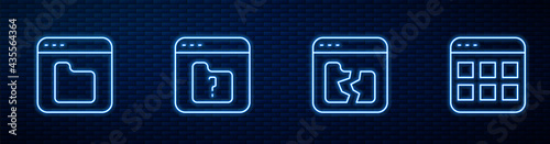 Set line Broken file, Browser files, File missing and . Glowing neon icon on brick wall. Vector