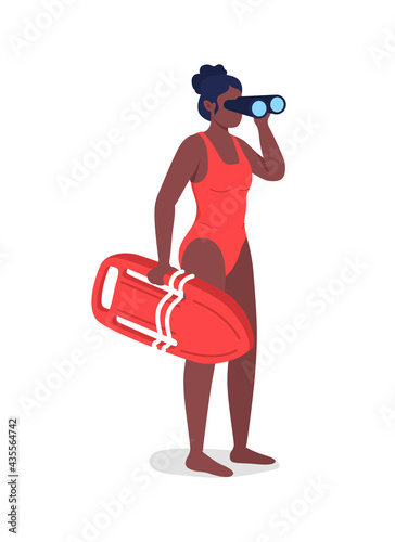 Lifeguard looking in binoculars flat color vector faceless character. African american woman in swimsuit. Summer beach safety service isolated cartoon illustration for web graphic design and animation