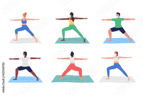 Yoga class during pandemic flat color vector faceless character set. Different people exercising in masks isolated cartoon illustration for web graphic design and animation collection
