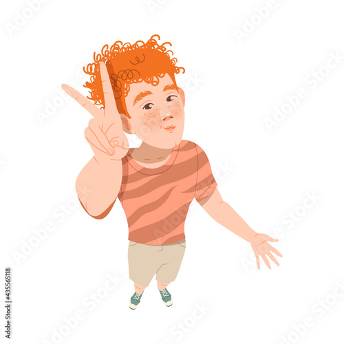 Redhead Smiling Freckled Man Looking Up Watching at Something and Showing V Gesture Above View Vector Illustration