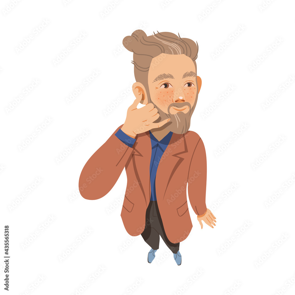 Bearded Freckled Man Looking Up Watching at Something Showing Call Sign Above View Vector Illustration