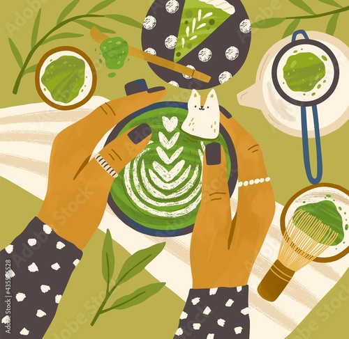 Top view of matcha food and drink. Female hands holding green coffee cup. Organic cake and cappuccino served with leaves, whisk and powder. Flat vector illustration of natural dessert and latte