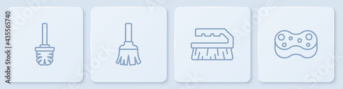Set line Toilet brush, Brush for cleaning, Feather broom and Sponge. White square button. Vector