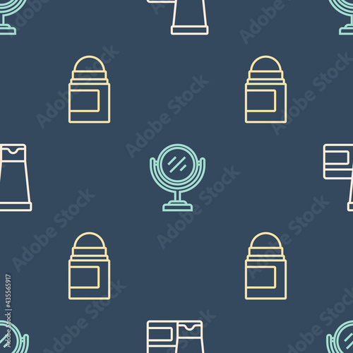 Set line Cream or lotion cosmetic tube, Antiperspirant deodorant roll and Round makeup mirror on seamless pattern. Vector