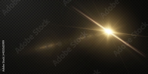 The sun is shining bright light rays with realistic glare. Light star on a transparent black background.