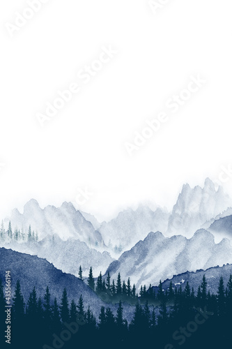 Watercolor painting landscape panorama of pine mountain forest.
