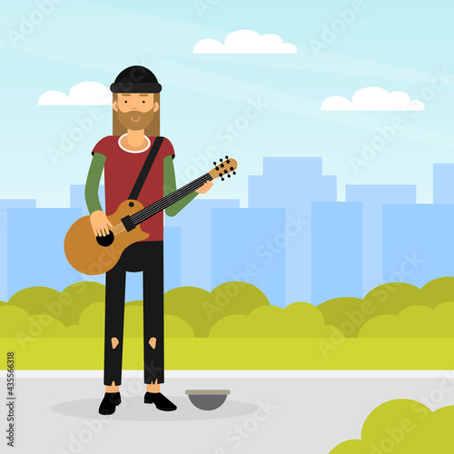 Homeless Man Vagabond Playing Guitar Earning Money Vector Illustration