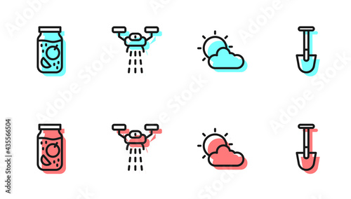 Set line Sun and cloud weather, Jam jar, Smart farm with drone and Shovel icon. Vector