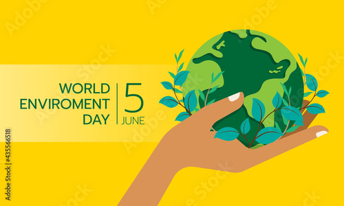 world environment day banner hand hold circle green globle earth with leaf plant around on yellow background vector design