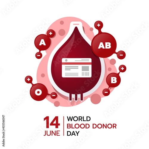 world blood donor day banner with drop shaped blood bag and blood type cell around vector design