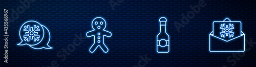 Set line Champagne bottle, Snowflake speech bubble, Holiday gingerbread man cookie and Christmas postcard. Glowing neon icon on brick wall. Vector