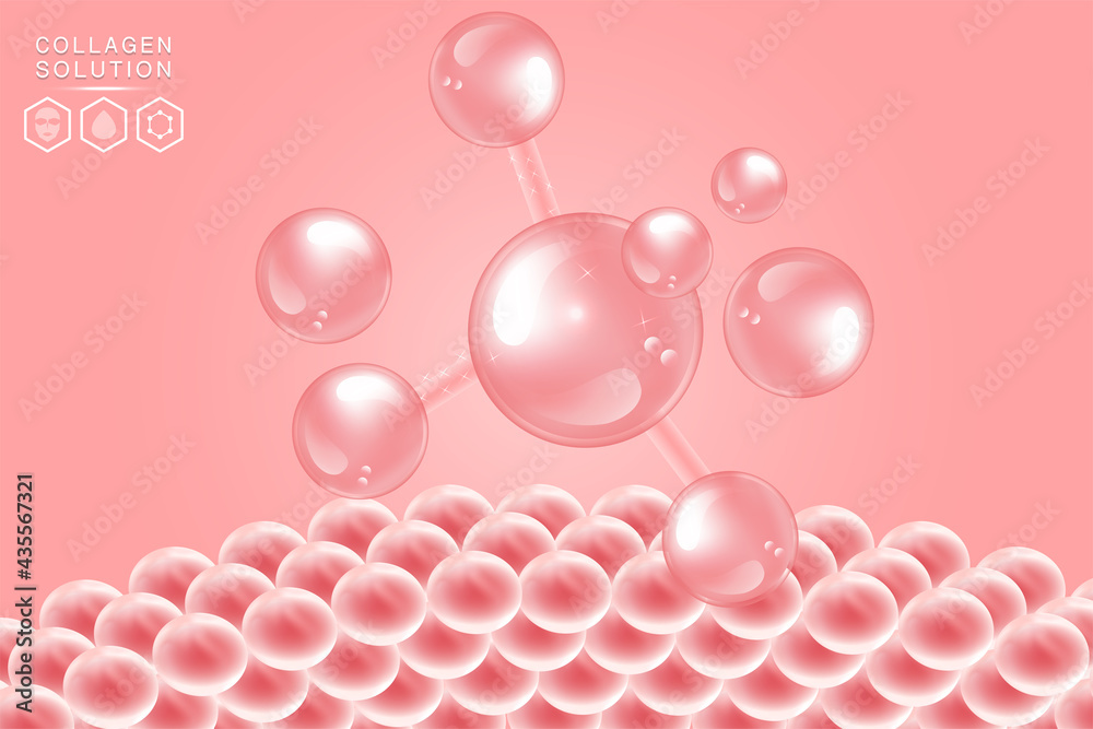 Hyaluronic acid skin solutions ad, pink collagen serum drops over pink skin cells with cosmetic advertising background ready to use, illustration vector.