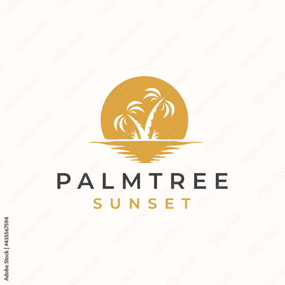 Palm Tree with Sunset background Logo Template. Vector Illustration
