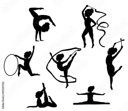 Silhouettes of girl, children at dance, aerobics, shaping. Gymnast with ribbon and hoop. Girl gymnast athlete isolated on white background