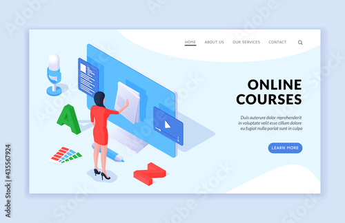 Online courses concept. Modern vector template of landing page banner website with isometric female student using online course resource for education. Podcast, webinar, educational video