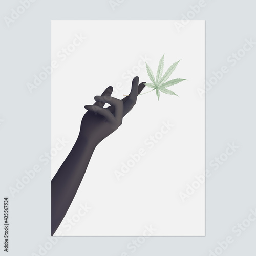 Poster template design, black hand holding cannabis leave