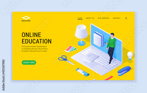 Online education concept. Vector isometric landing page banner design template with male character using laptop while studying remotely and promoting modern online education