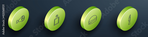 Set Isometric line Chicken leg, Cutting board, Burger and Barbecue knife icon. Vector