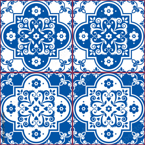 Azulejo tiles seamless vector pattern in navy blue and white, traditional floral design inspired by tile art from Lisbon, Portugal
