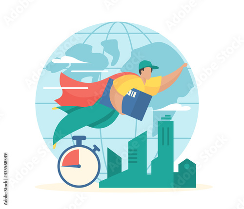 Global express delivery. Superhero courier in cape flies with parcel to customer. Worldwide fast logistics with loading and distribution. Shipping any place on planet. Vector flat concept
