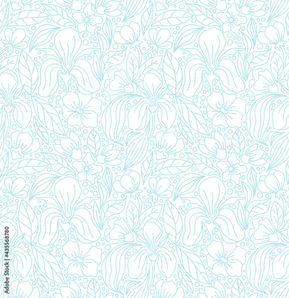 Line drawn vector seamless pattern. Herbs and flowers of iris, loach and buds of various plants. Coloring book-antistress and zen doodles for creativity