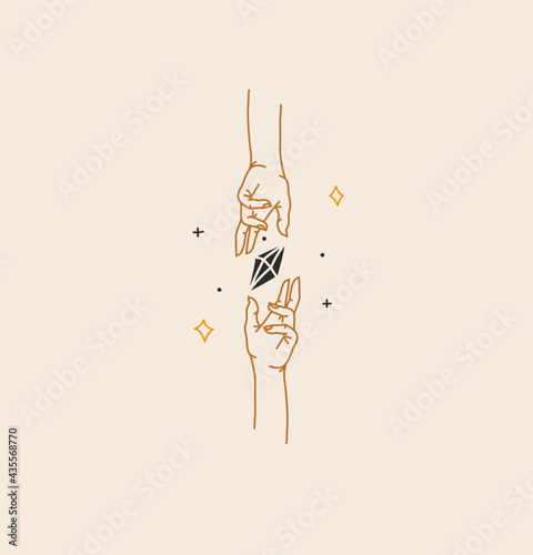 Hand drawn vector abstract stock flat graphic illustration with logo element,bohemian magic art of crystal gem stone in human hand and stars in simple style for branding,isolated on color background.