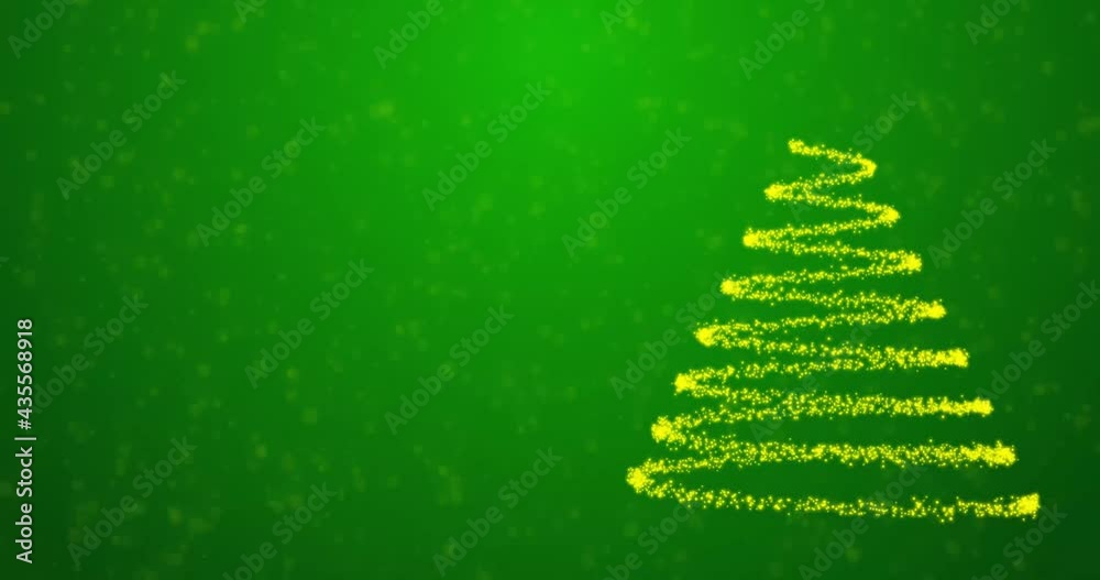 4K video motion graphic background. Green glittering christmas background with golden christmas tree shiny lights, snowflakes, star and particles moving down. Empty space for text