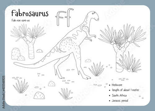 Coloring cards with dinosaurs and alphabet. Dinosaur Fact Cards. Dinosaur Names Corresponding to the English Alphabet. Cute colorful vector illustration. Herbivore set. Dinosaur vegan. Fabrosaurus