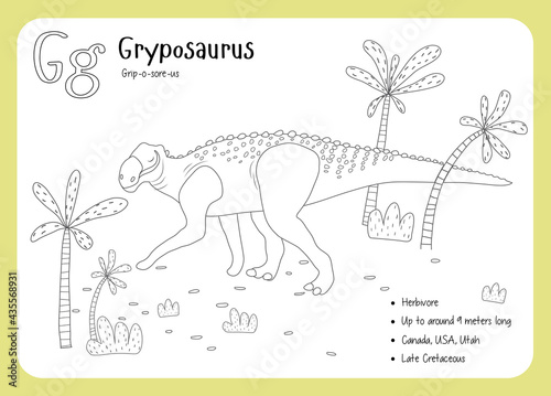 Coloring cards with dinosaurs and alphabet. Dinosaur Fact Cards. Dinosaur Names Corresponding to the English Alphabet. Cute colorful vector illustration. Herbivore set. Dinosaur vegan. Gryposaurus