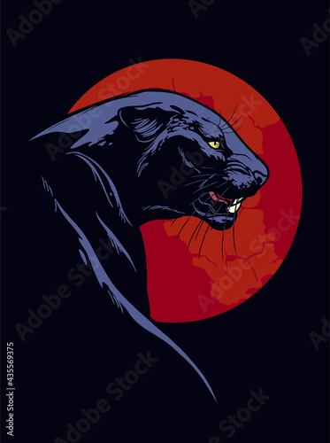 Panther with red circle on the dark blue background. Vector digital ink drawing. 