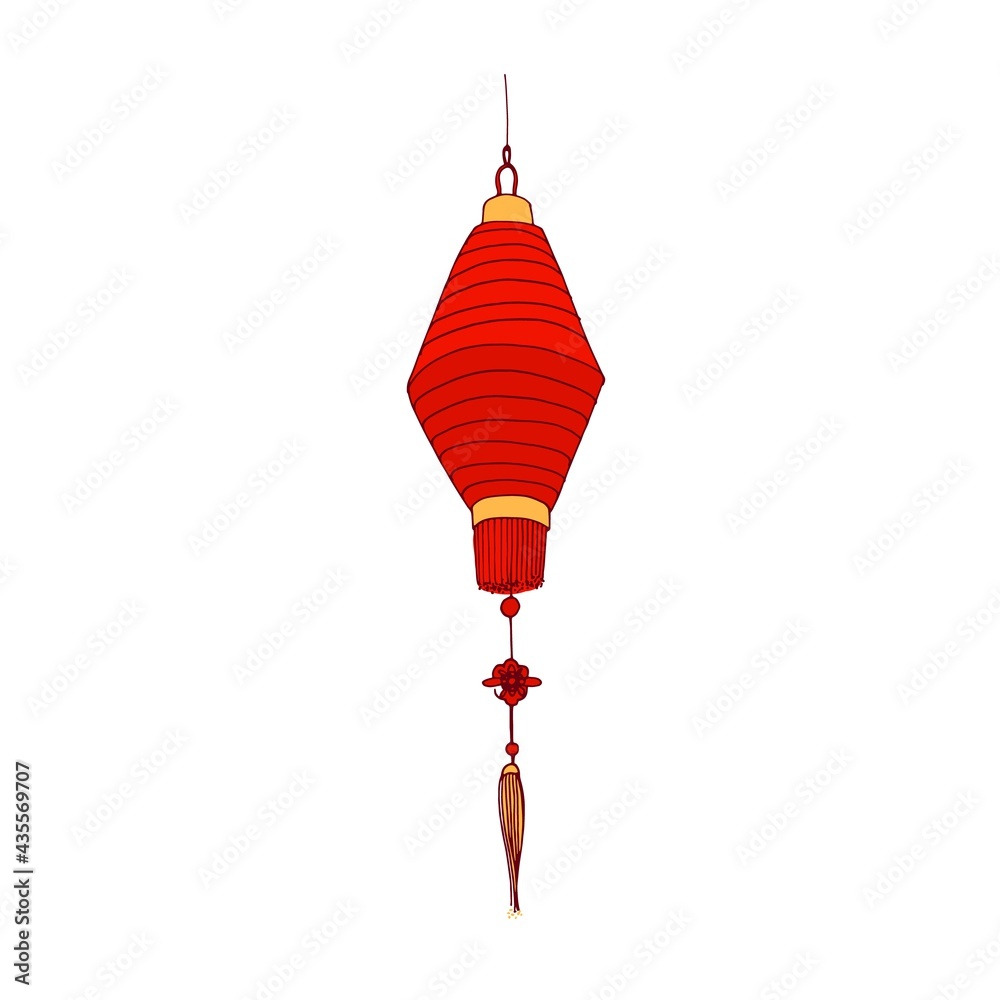Obraz premium Chinese paper lantern of red and gold colors. Hanging light with candle inside. Asian ceremonial street lamp. Traditional festival bright decoration. Drawn vector illustration isolated on white