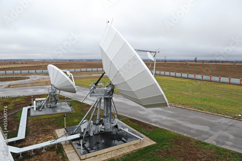 Almaty, Kazakhstan - 11.20.2015 : Parabolic industrial antennas and the territory of the KAZSAT satellite control center