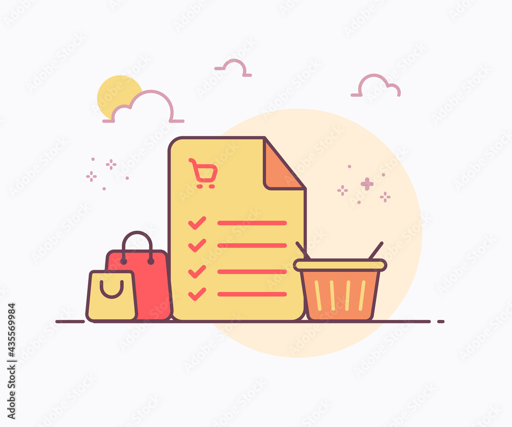 shopping list concept checklist notes around basket bag icon with soft color solid line style