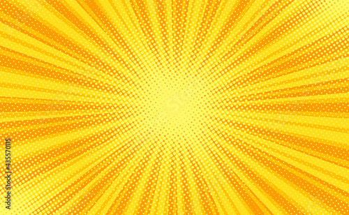 Pop art background. Comic pattern with halftone and starburst. Yellow cartoon retro sunburst texture with dots. Vintage gradient banner. Duotone effect. Funny superhero print. Vector illustration.
